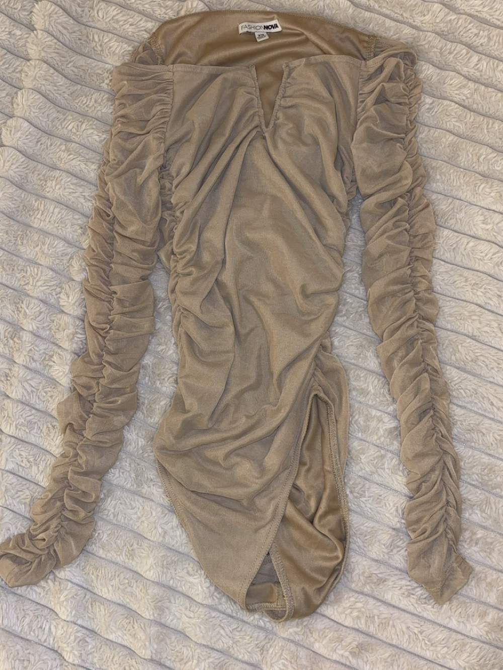 Fashion Nova Taupe Ruched Off-Shoulder Bodycon Mini Dress
